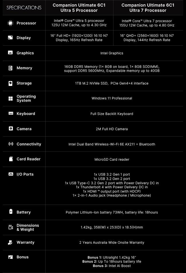 Leader 6C1 Companion Notebook Specifications