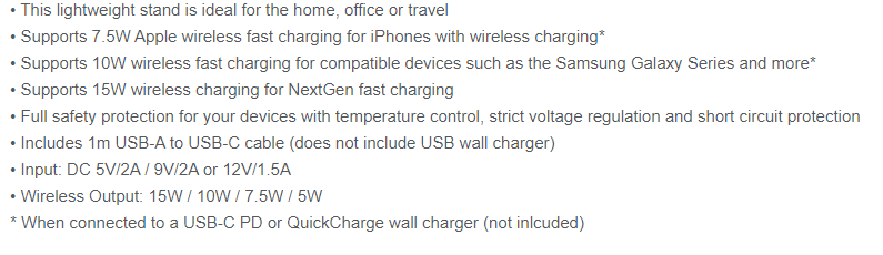 Wireless Charging Stand specs