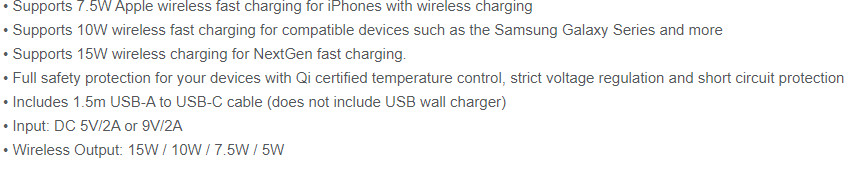 WCFS15 Wireless Charger Specs