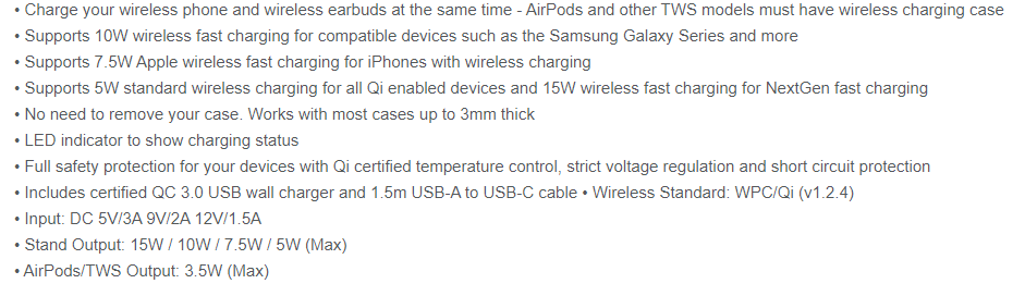 WCTW15 Wireless Charger Specs