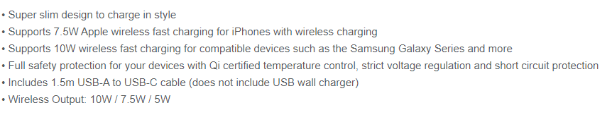 Comsol 10W Wireless Charger specs