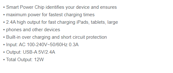 Comsol 12W USB-A Charger Specs