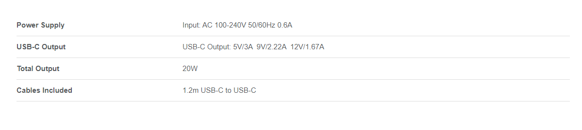 Comsol 20W USB-C Charger Specs