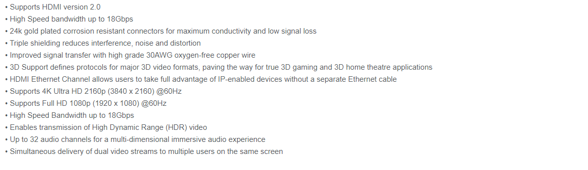 High Speed HDMI Cable Specs